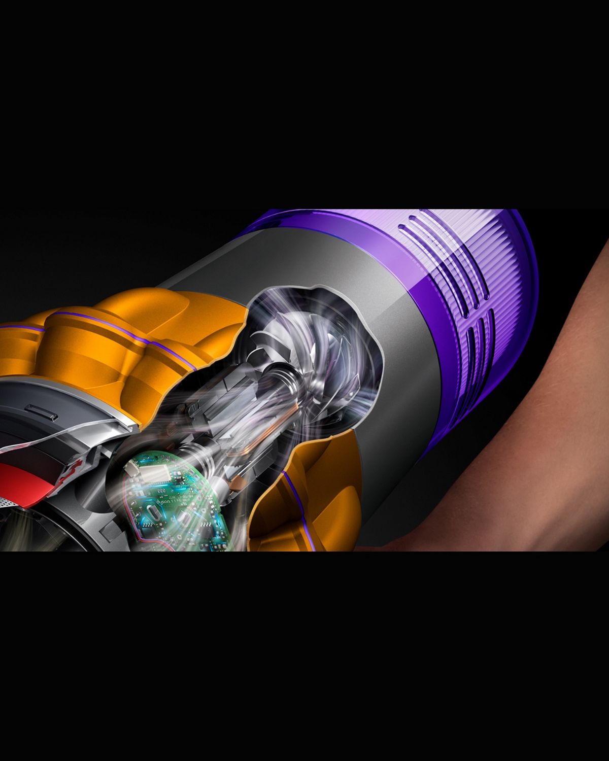 Cutaway showing the motor within the Dyson V15 Detect vacuum.