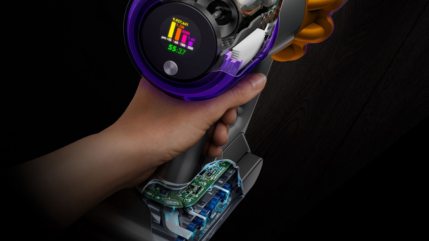 Doorsnede toont de accu in de Dyson V15 Detect stofzuiger.