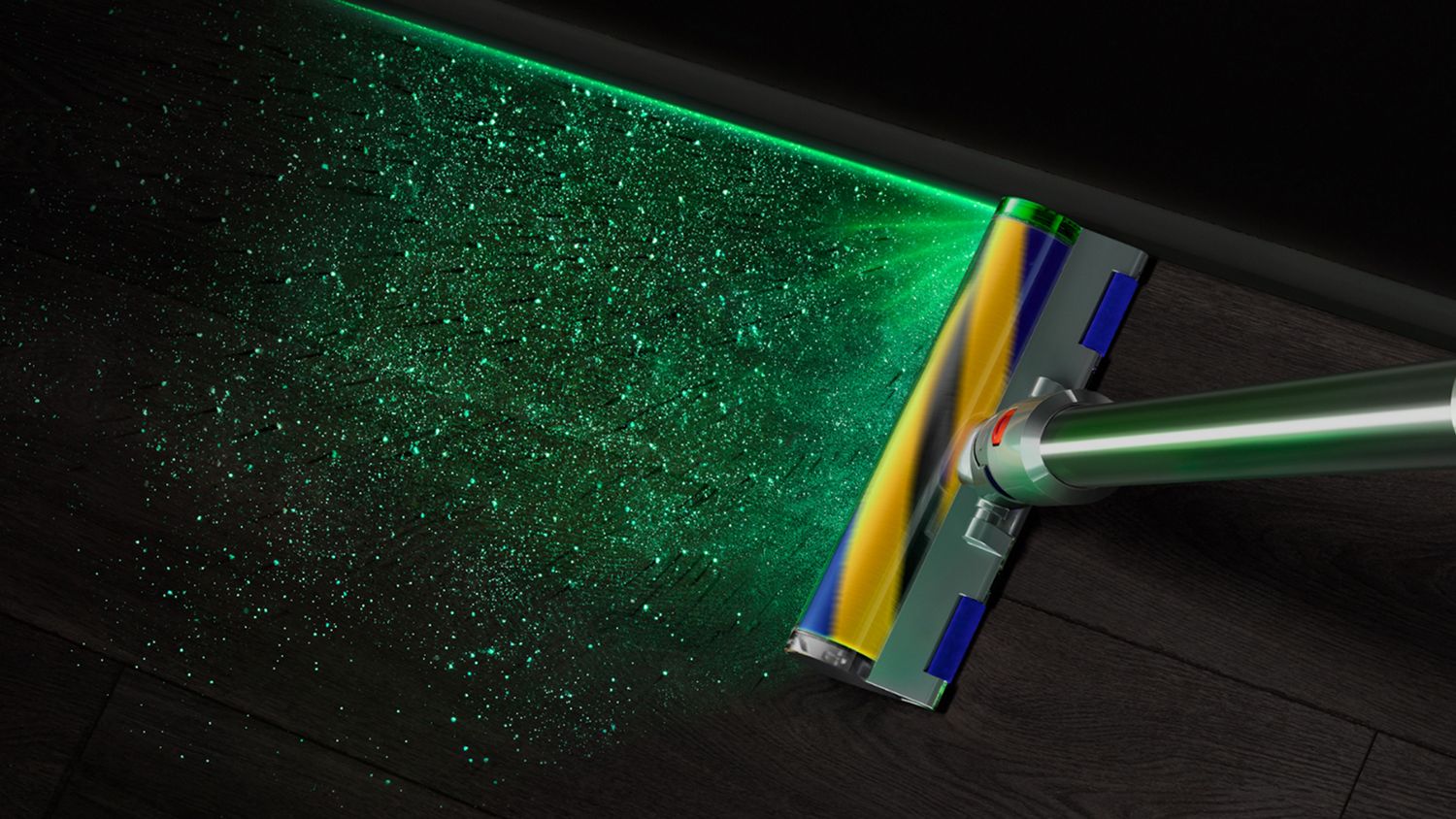 De Dyson Fluffy Optic vloerzuigmond verlicht stof op harde vloeren.