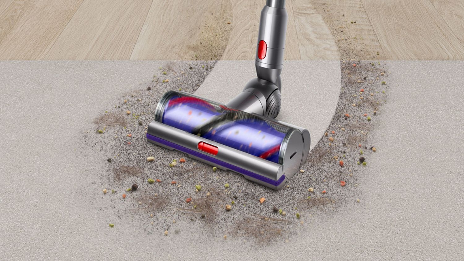 Stof en vuil wordt van harde vloeren en tapijtvloeren verwijderd met de Dyson Motorbar vloerzuigmond.