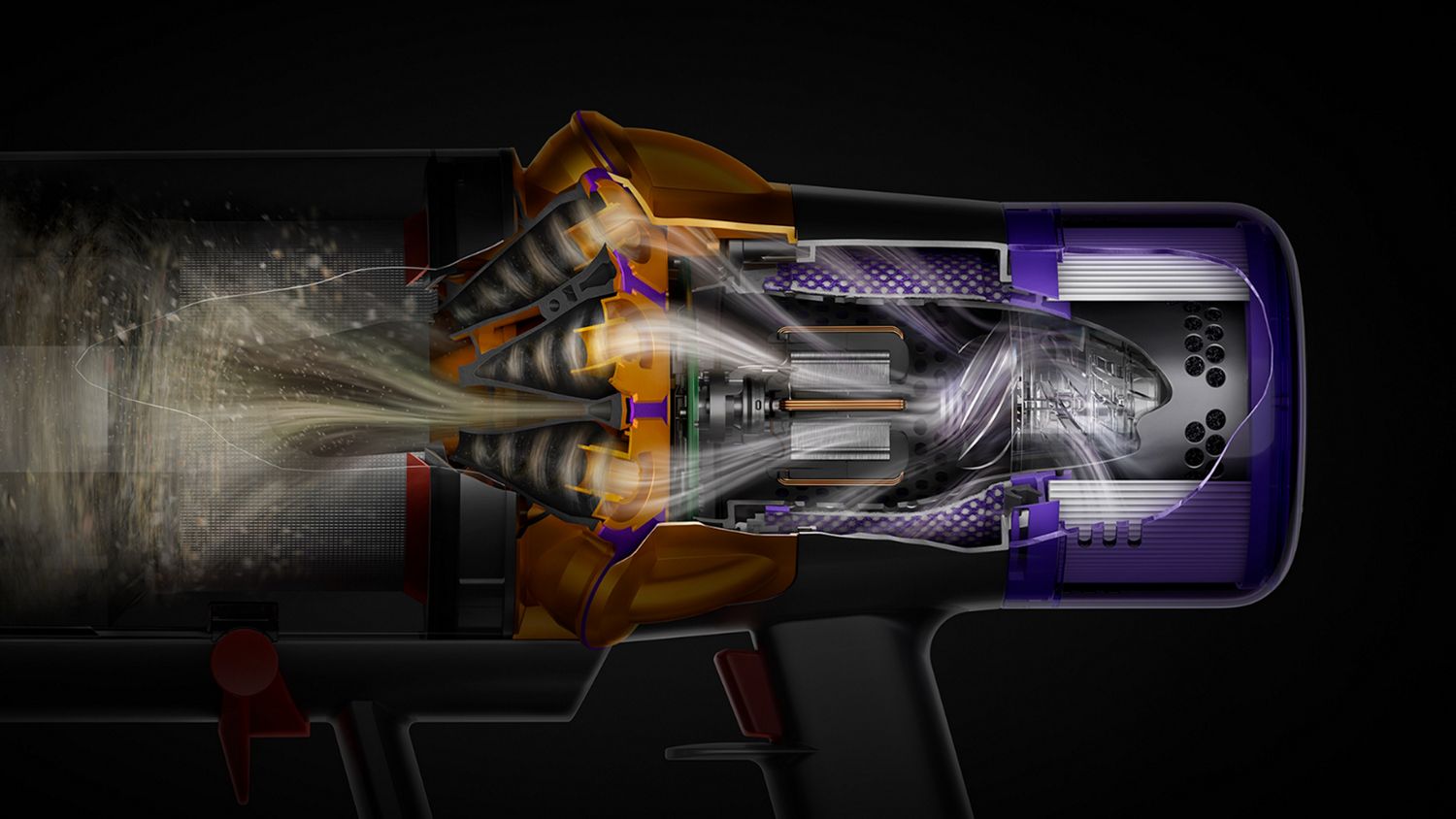 Doorsnede die de filtratietechnologie in de Dyson V15 Detect stofzuiger toont.