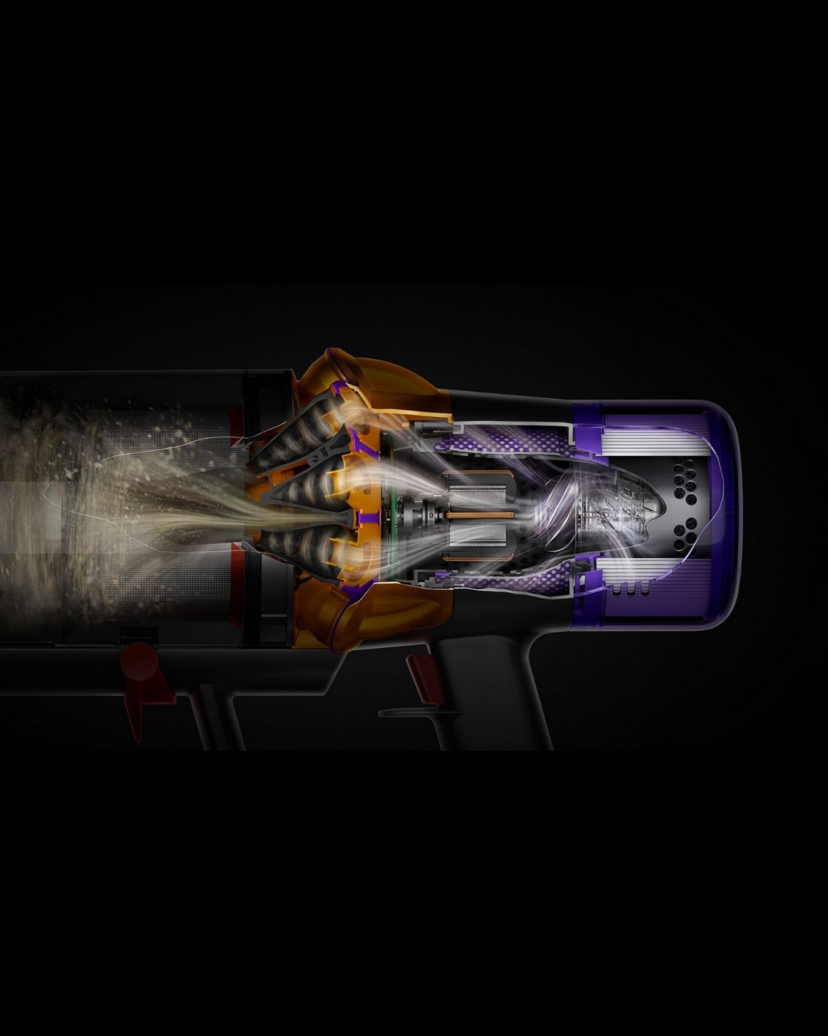 Cutaway showing the filtration technology within the Dyson V15 Detect vacuum.