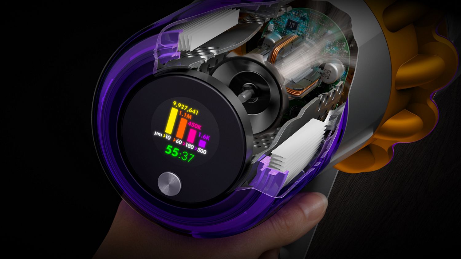 Lcd-scherm op de Dyson V15 Detect stofzuiger.
