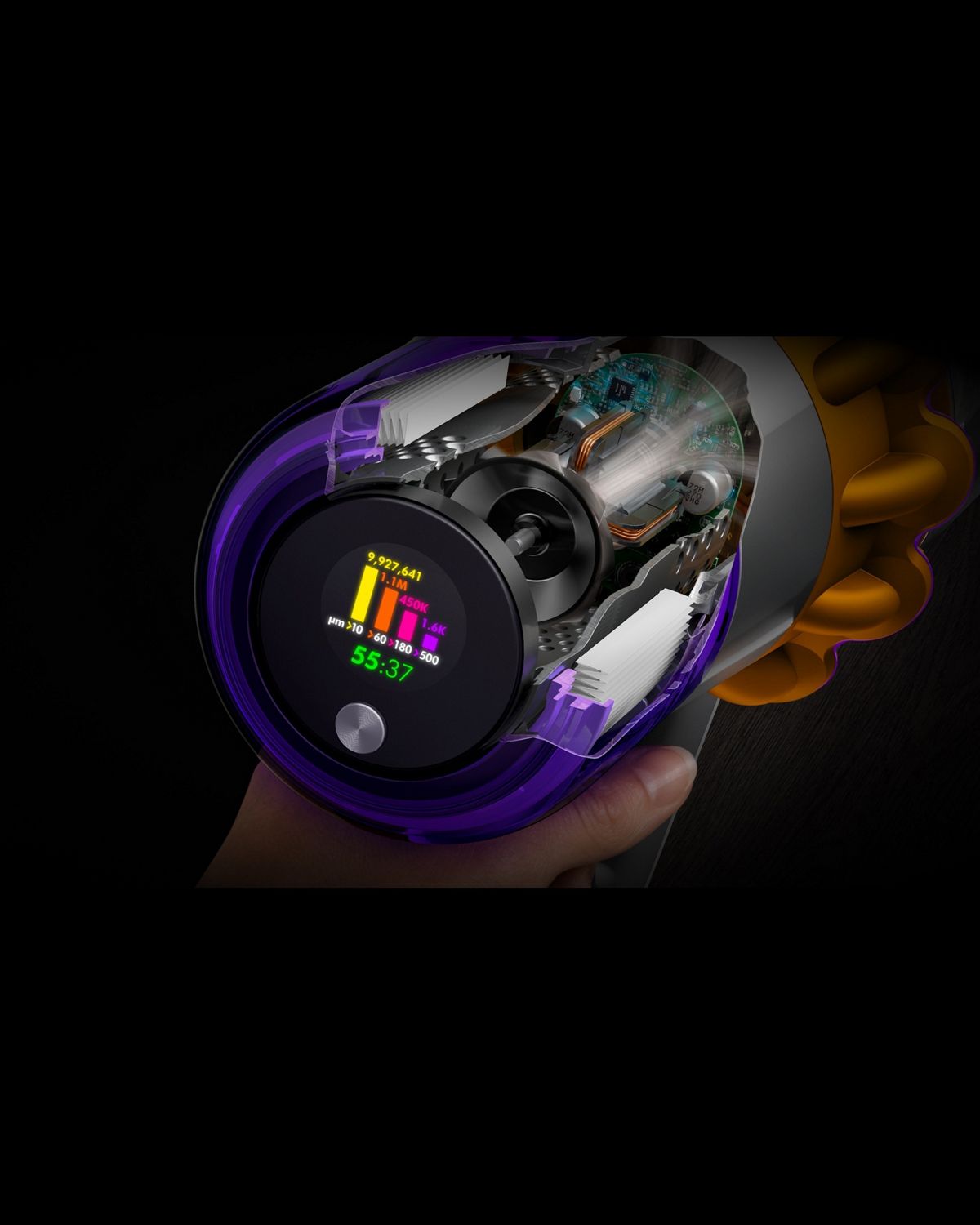 LCD screen on the Dyson V15 Detect vacuum.