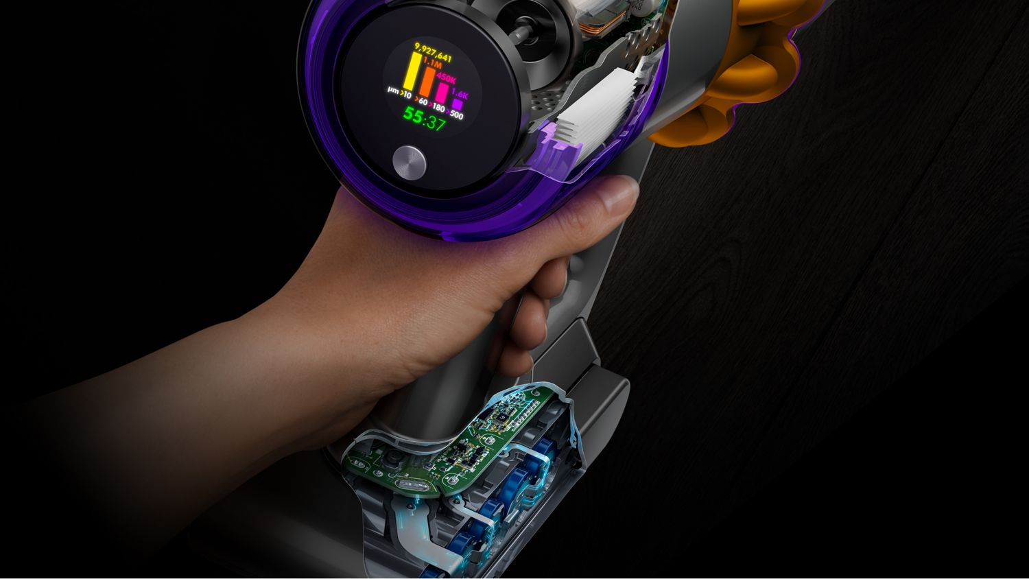 A close up of the Dyson V15 Detect battery.