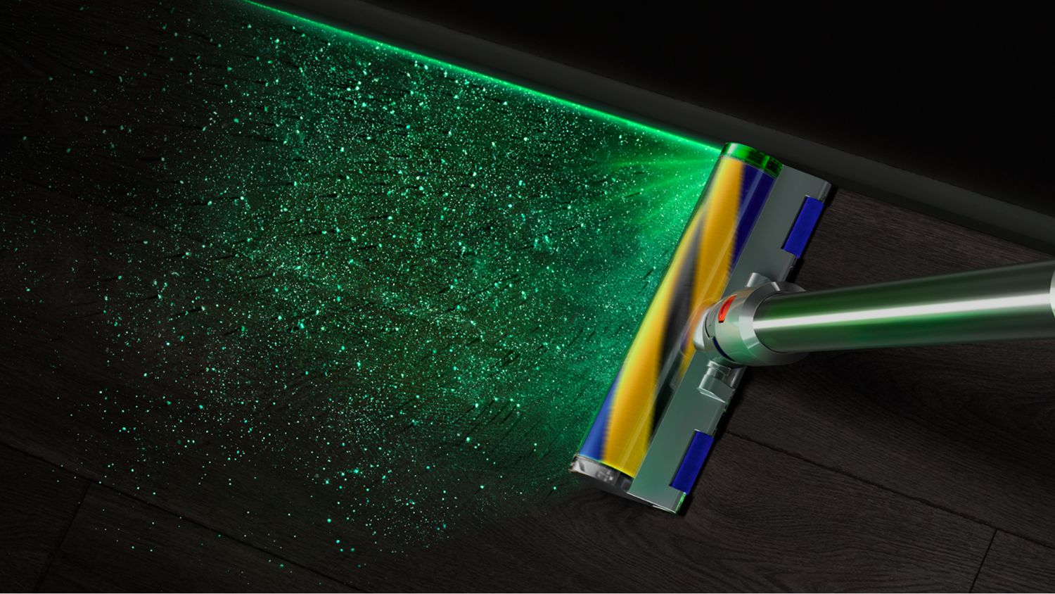 The Fluffy cleanerhead illuminating a floor revealing dust.