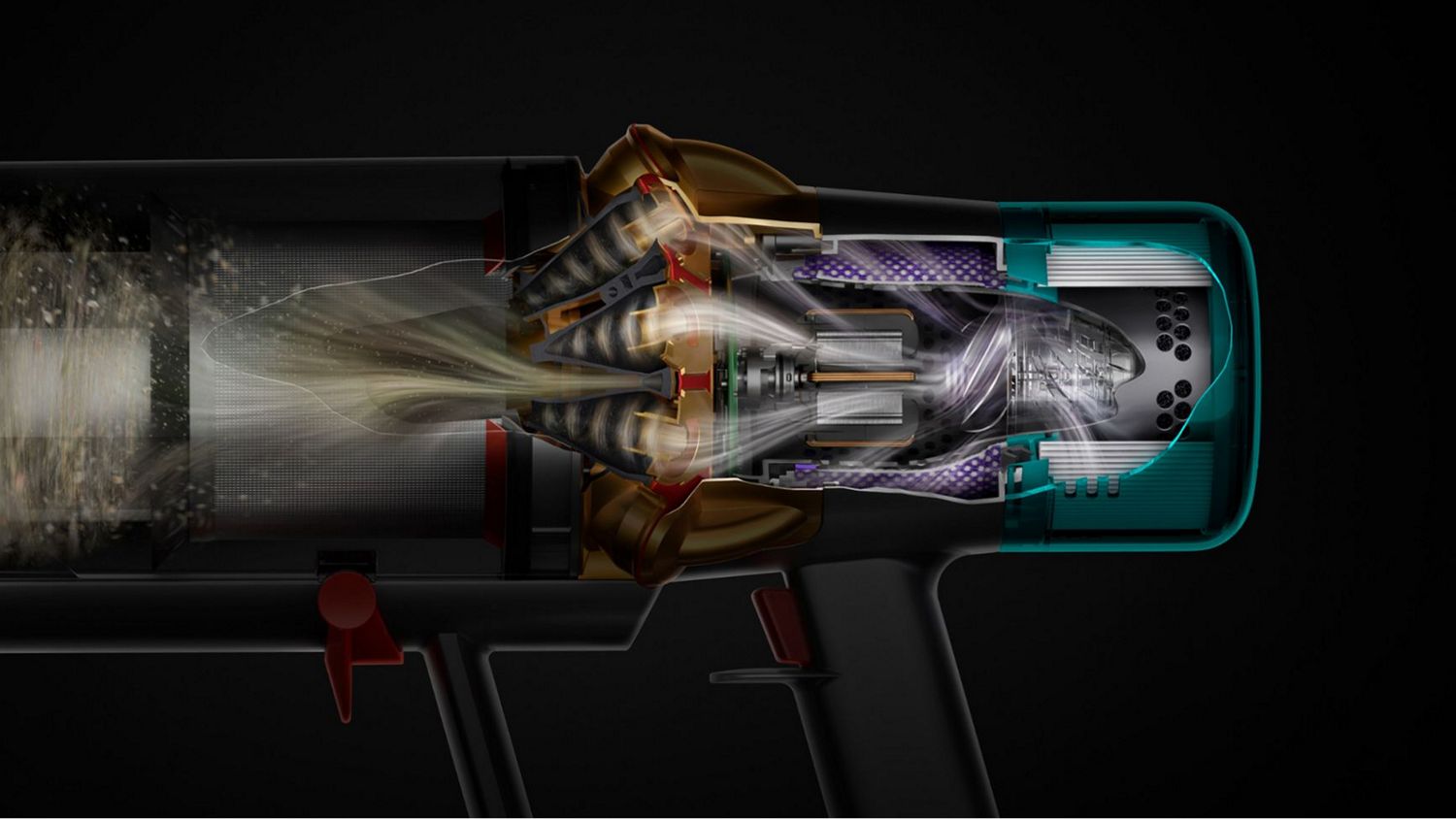 A cutaway of the Dyson V15 Detect filter and cyclone technology.