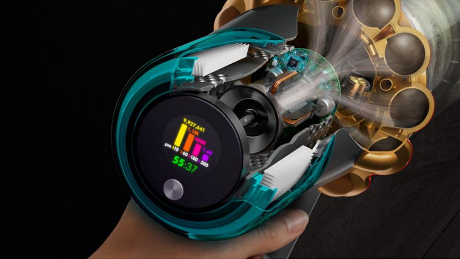 A close-up of the Dyson V15 Detect LCD screen.