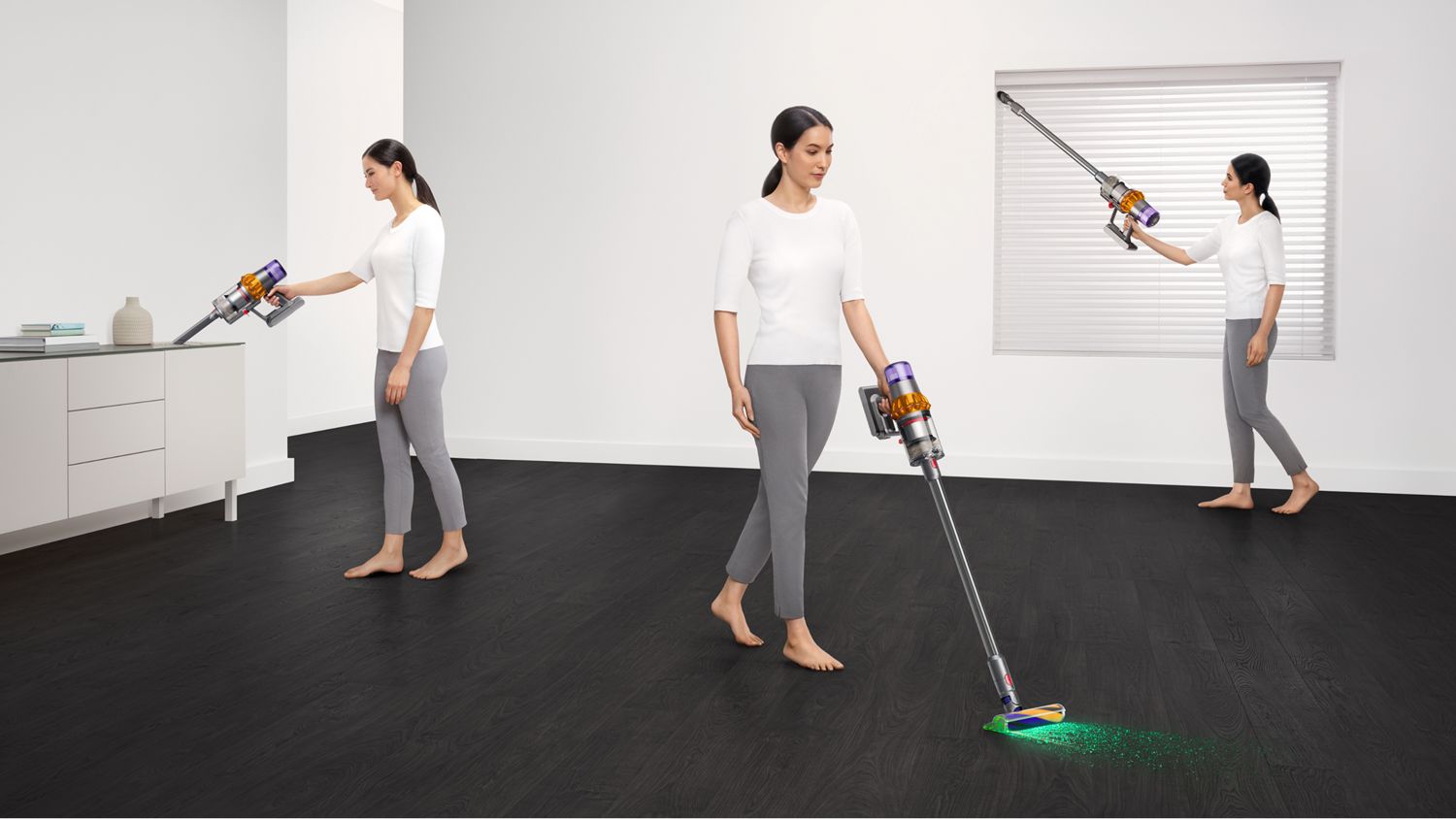 A woman cleaning a room in different scenarios with the attachments of the Dyson V15 Detec vacuum cleaner.