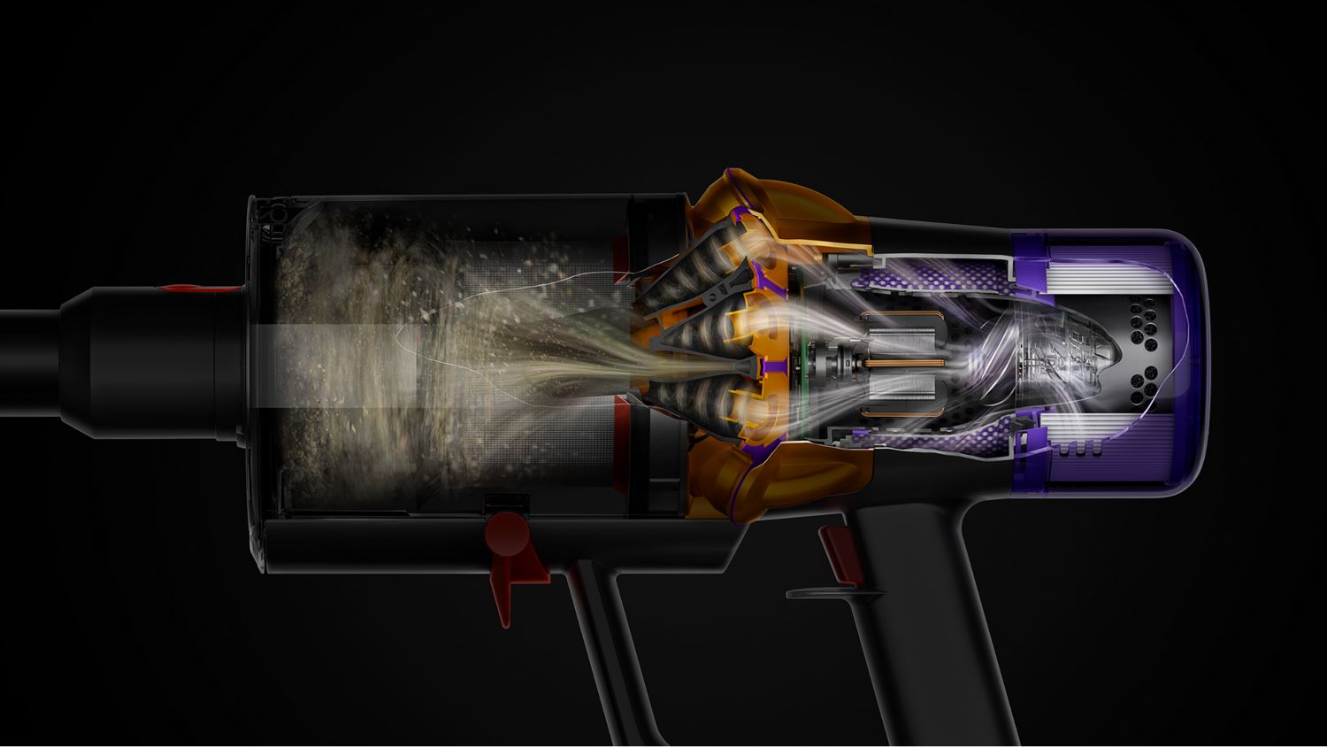 A cutaway of the Dyson V15 Detect filter and cyclonic technology.