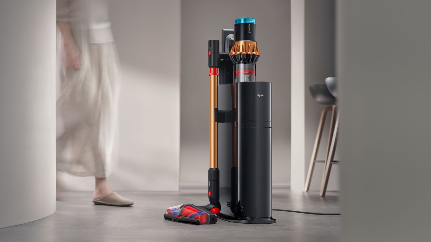 Dyson V16 Piston Animal vacuum in the Auto-empty Dok in a home.