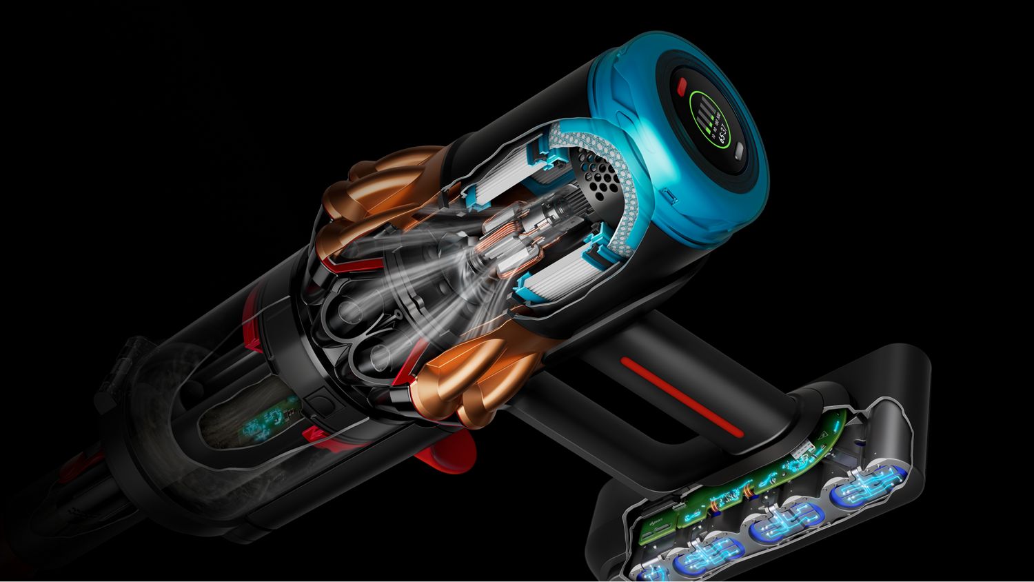 Cutaway showing the motor and battery inside the Dyson V16 Piston Animal vacuum cleaner.