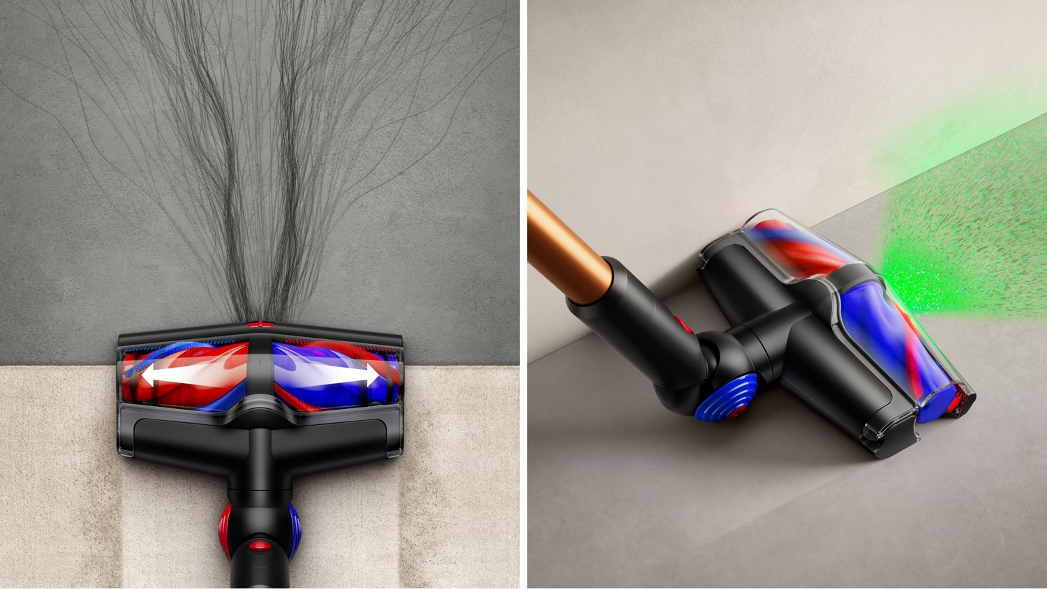 Dual conical cleaner head de-tangles hair and illuminates dust on hard floors.