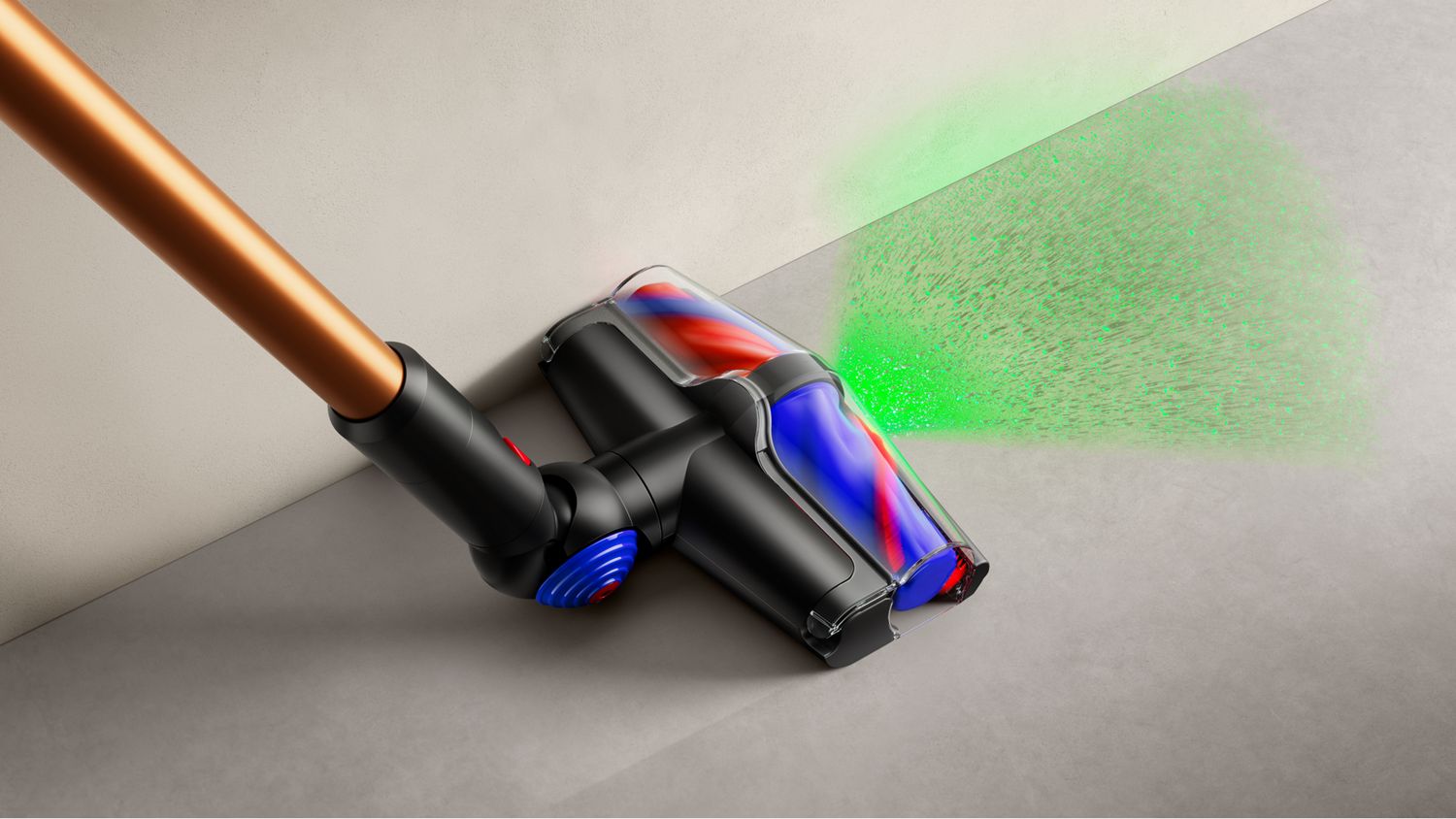 Dual conical cleaner head illuminates dust on hard floors.