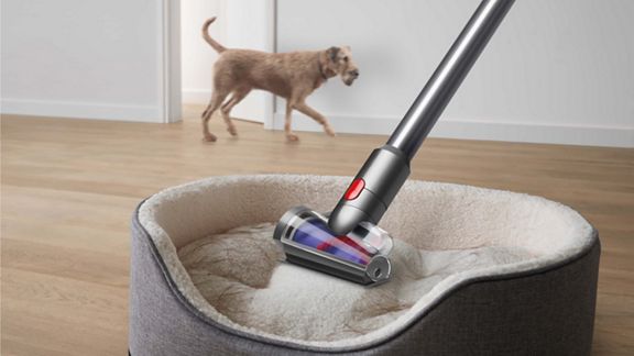 Femme nettoyant du sol au plafond avec un aspirateur Dyson V8