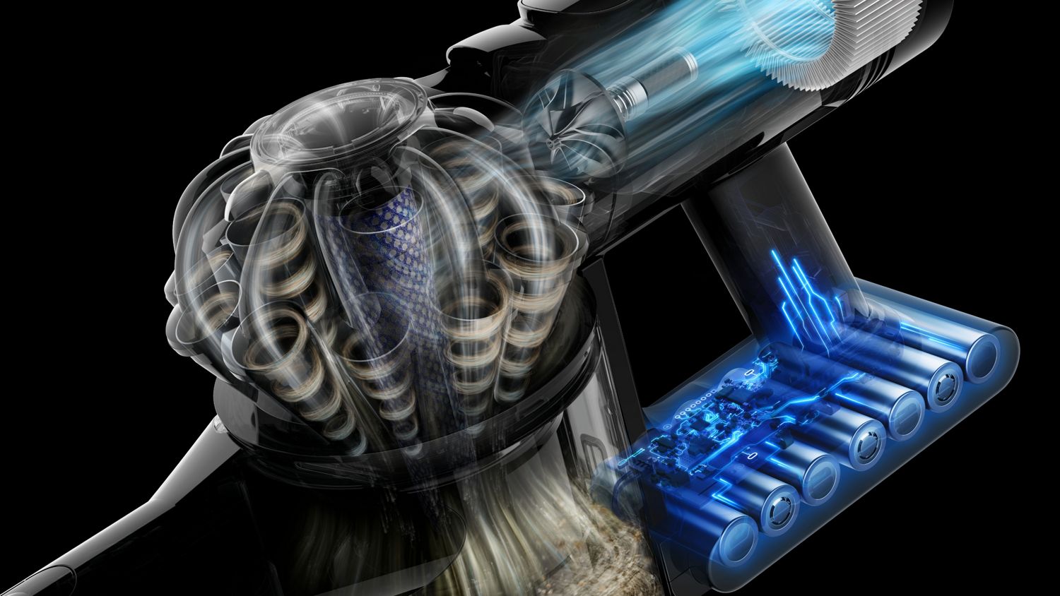 Cutaway showing the technology inside the Dyson V8 Cyclone vacuum.