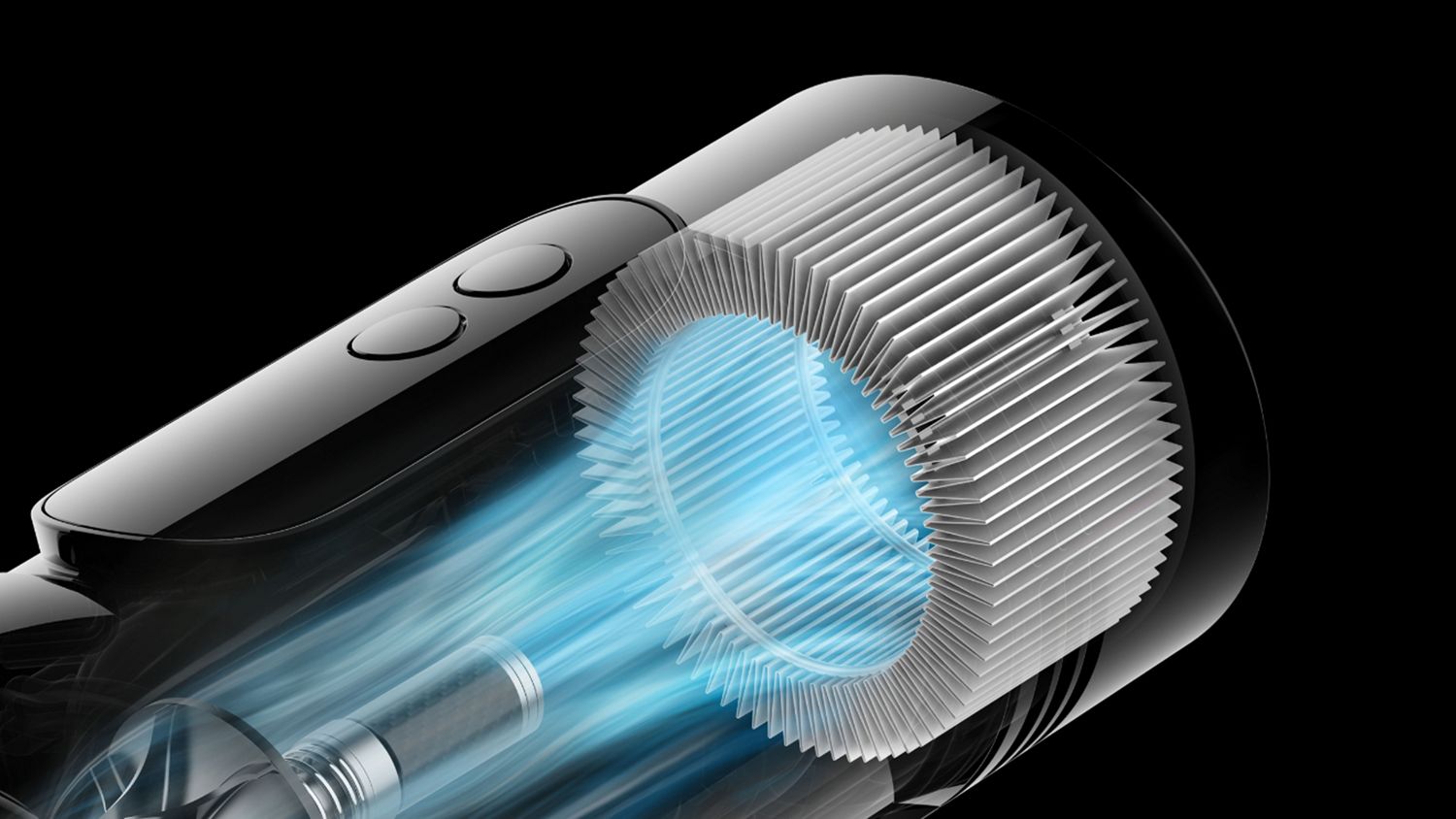 Cutaway showing the filtration technology inside the Dyson V8 Cyclone vacuum.