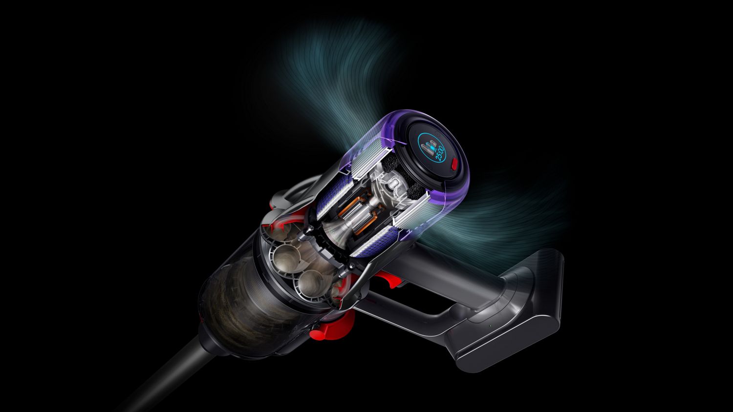 Cutaway of the Dyson V9 vacuum showing the filtration technology within.
