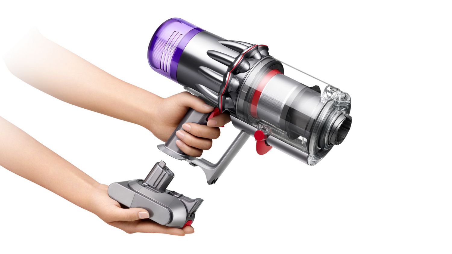 The battery is clicked into the handle of the Dyson V9 vacuum.