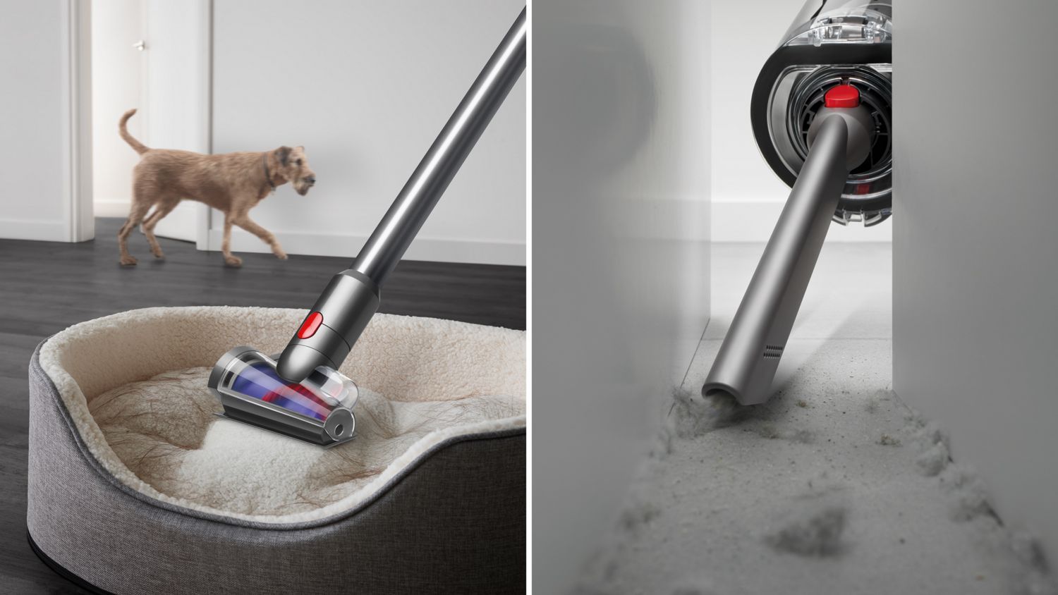 The Hair screw tool is used to remove fur from a pet bed and the Crevice tool is used to clean behind a cabinet.