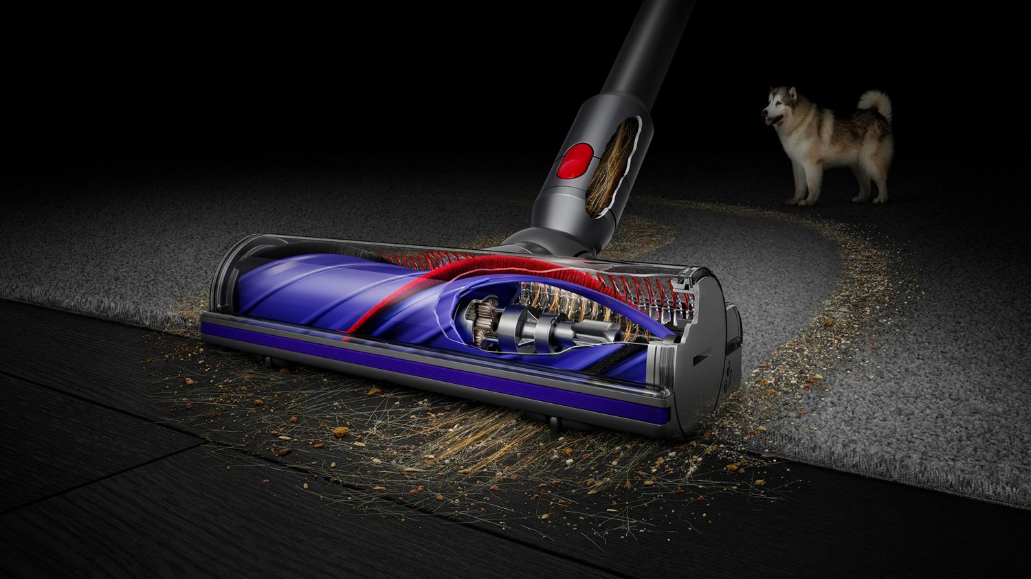 Dyson Motorbar cleaner head used to clean dust and debris from a hard floor.