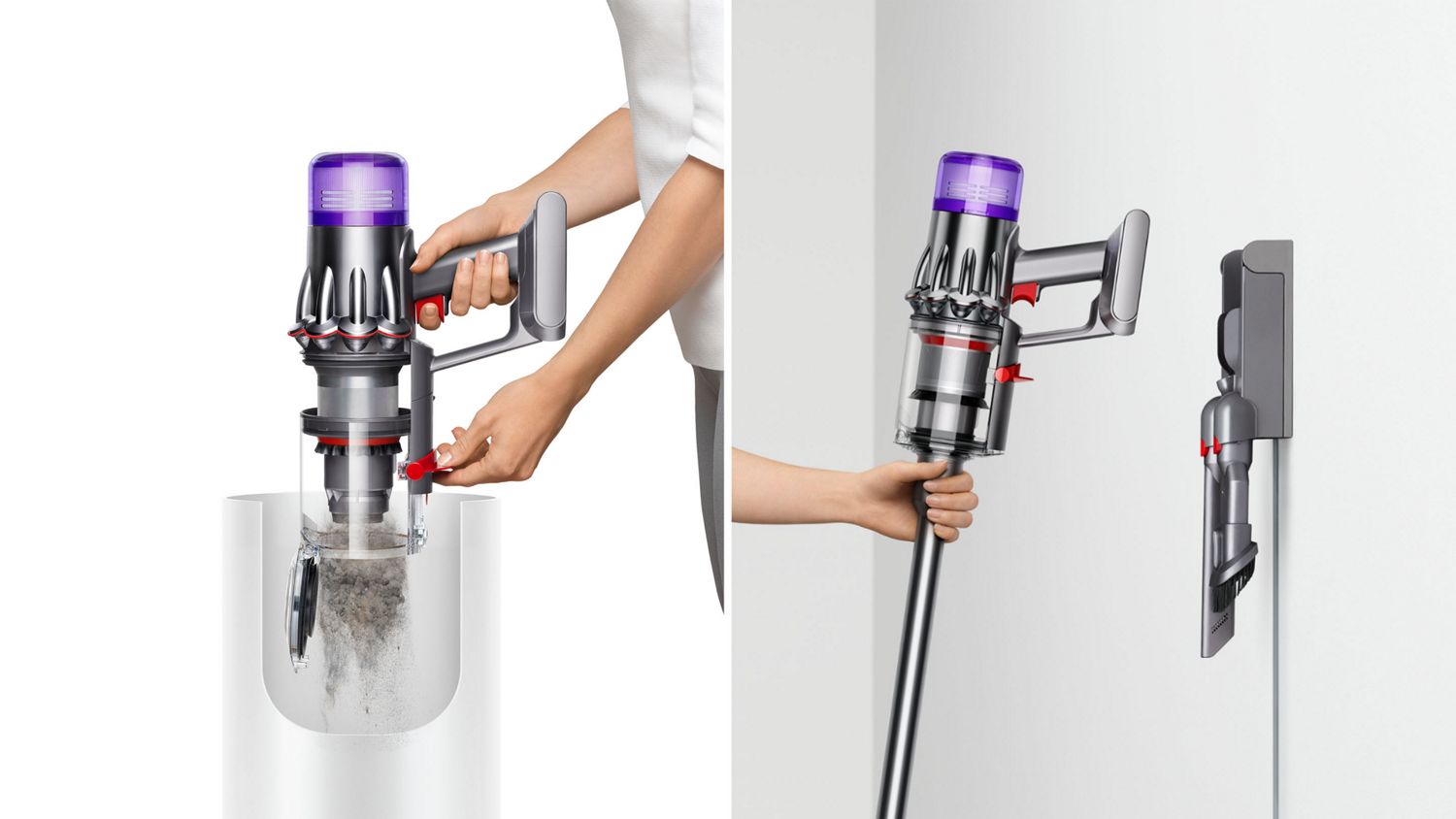 The Dyson V9 Motorbar vacuum is emptied and placed on the wall-mounted dock after use.