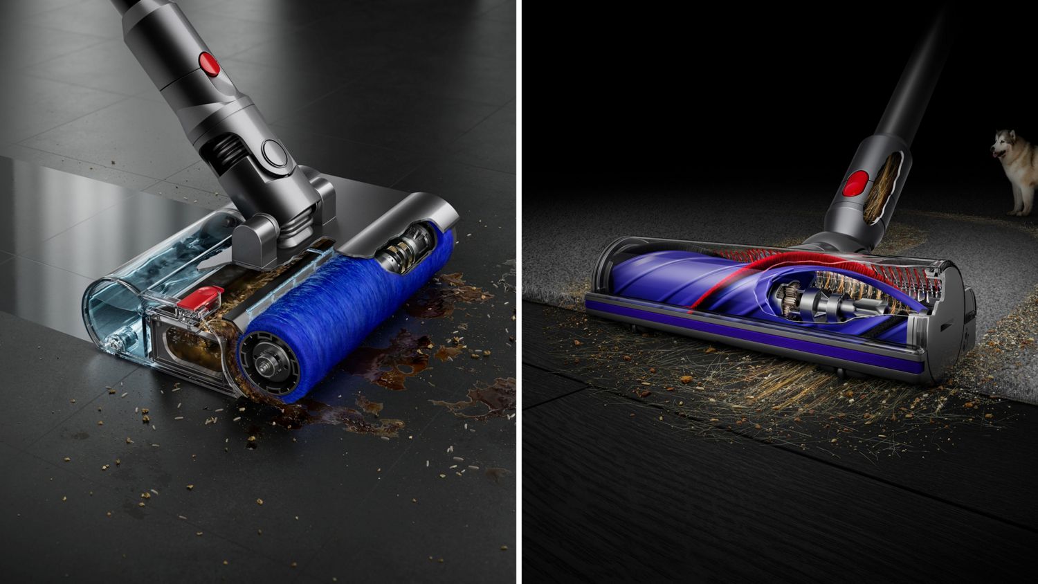 Cutaway of the Dyson Submarine wet roller head and the Motorbar cleaner head showing the technology within.