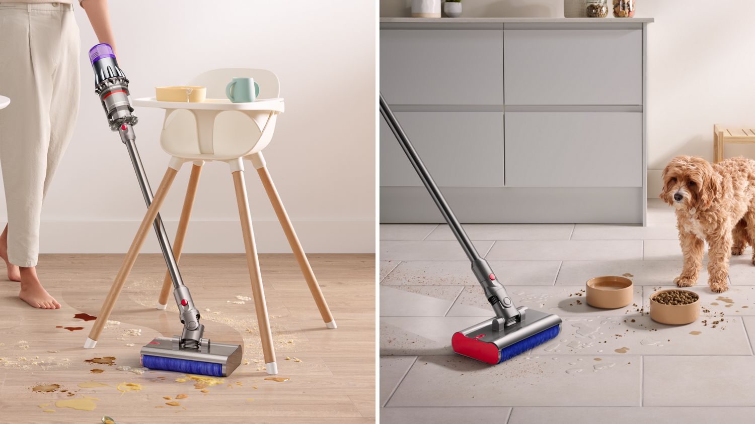 The Dyson V9 vacuum with Submarine wet roller head  is used to clean spills around a high chair and pet bowl.