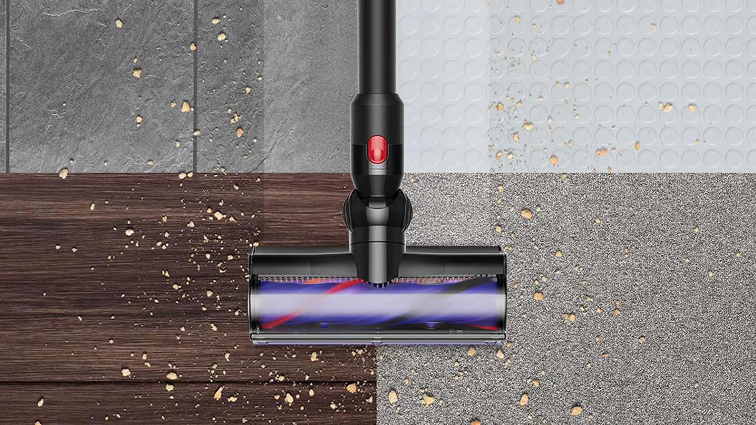 Dyson Motorbar cleaner head cleaning between carpet and hard floors.