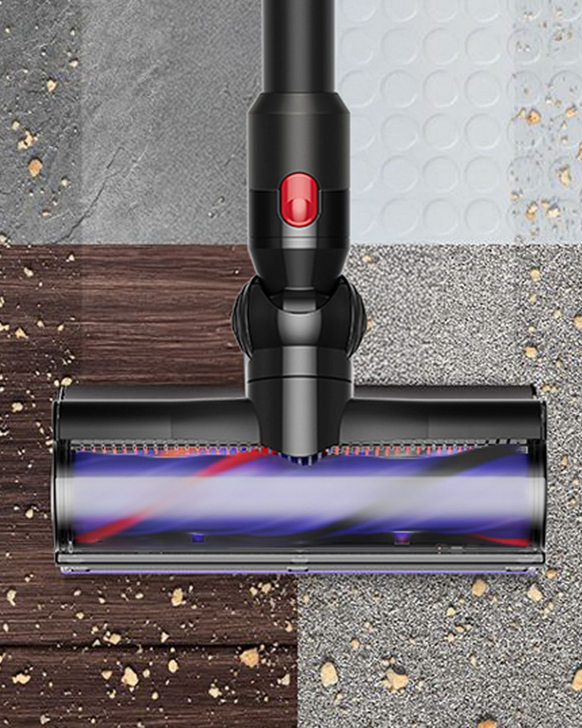 Dyson Motorbar cleaner head cleaning between carpet and hard floors.