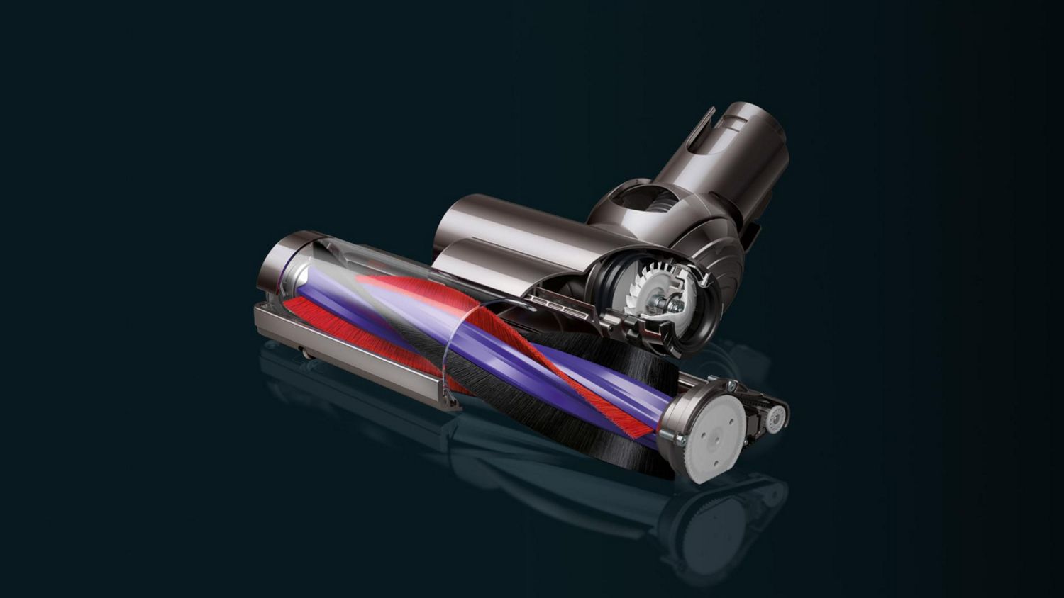 Cutaway showing the Dyson Turbine cleaner head with red and black bristles on a purple brush bar for deep carpet cleaning.
