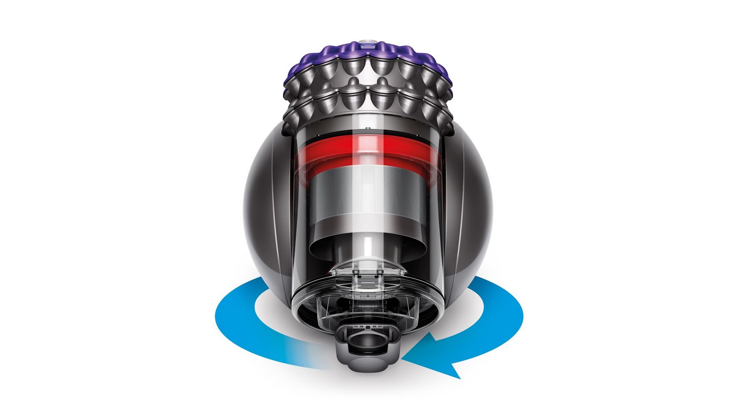 Dyson Staubsauger mit Zyklontechnologie über einem blauen Kreispfeil, der die hohe Manövrierfähigkeit und Wendigkeit des Geräts veranschaulicht.
