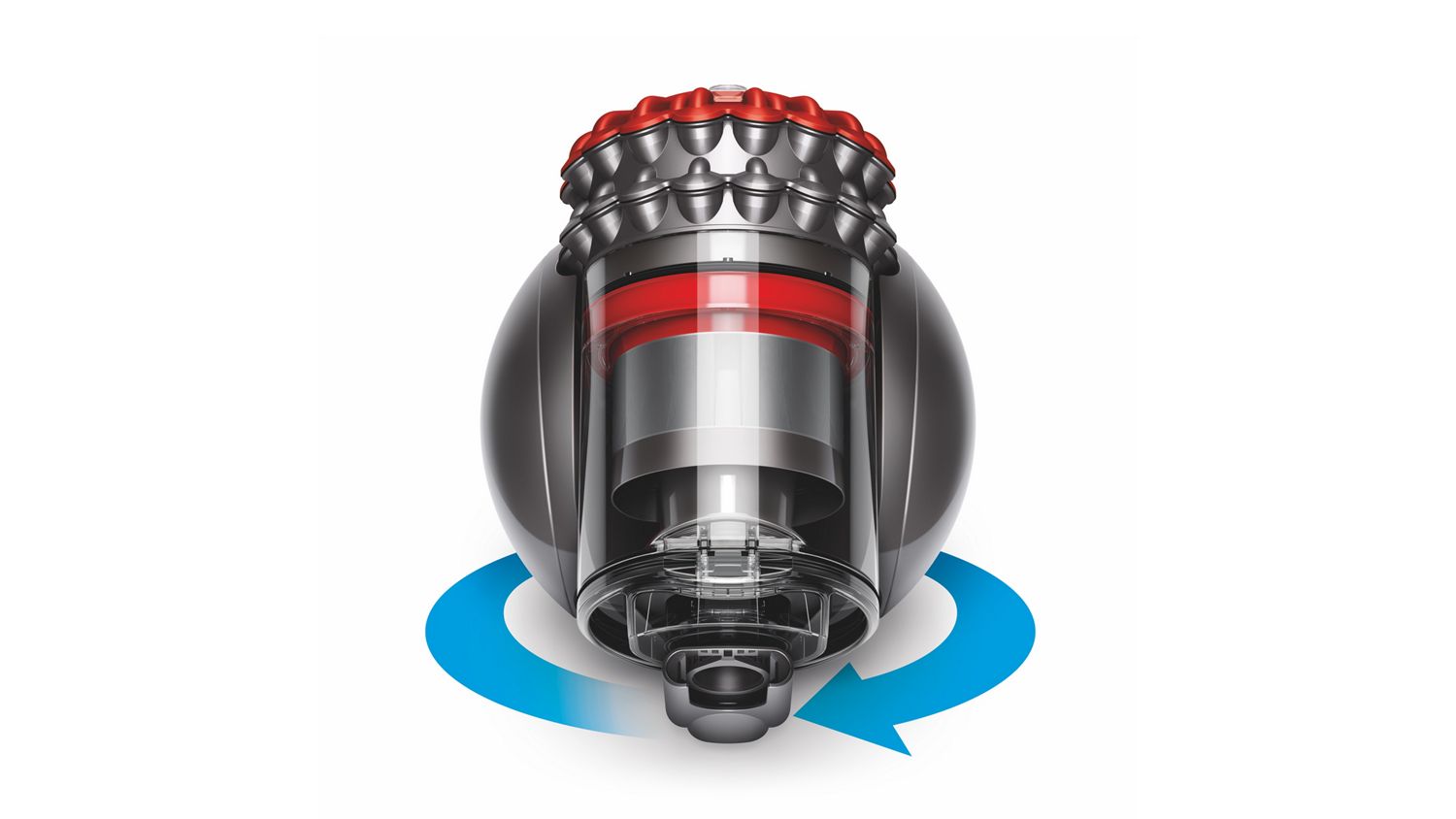 Dyson vacuum cyclone shown above a blue circular arrow, highlighting its manouvrability.