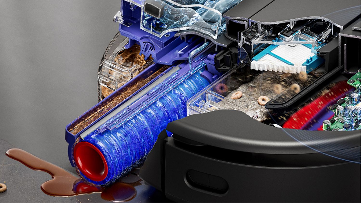 Cutaway shows the self-cleaning wet roller on the Dyson Spot+Scrub AI robot vacuum.