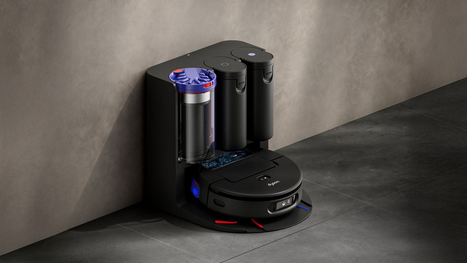 Dyson Cyclonic self-emptying docking station with dry dirt and clean and dirty water storage.