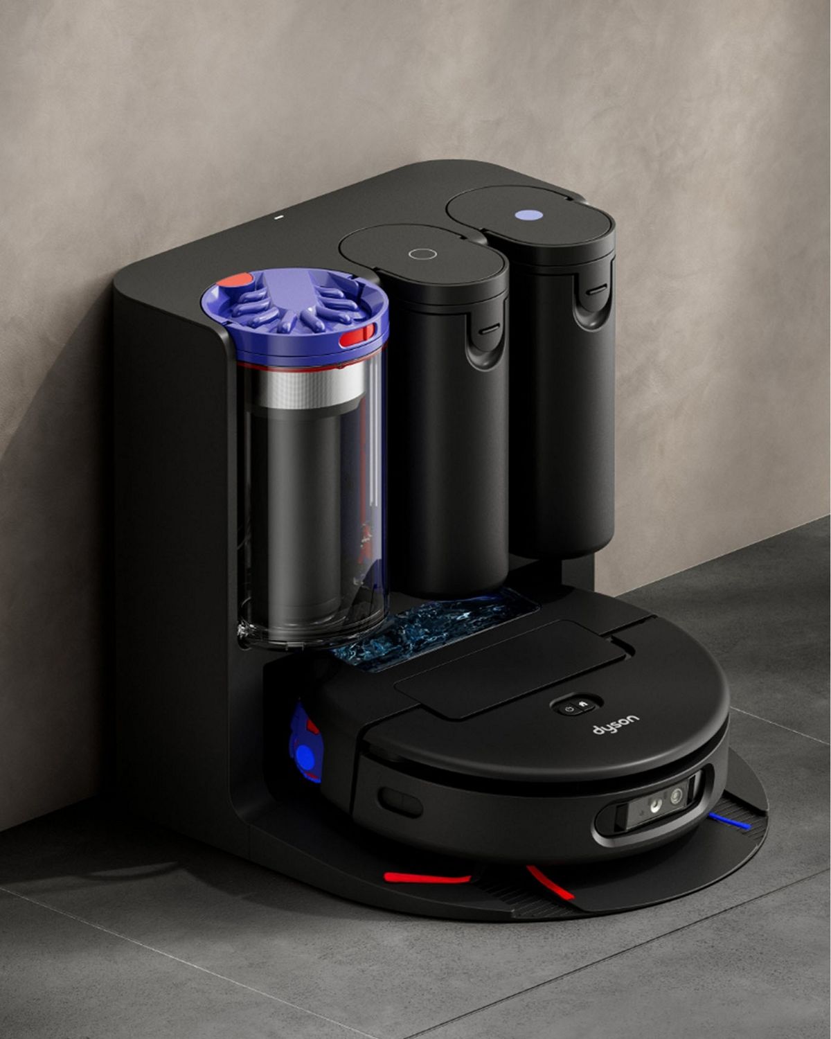 Dyson Cyclonic self-emptying docking station with dry dirt and clean and dirty water storage.