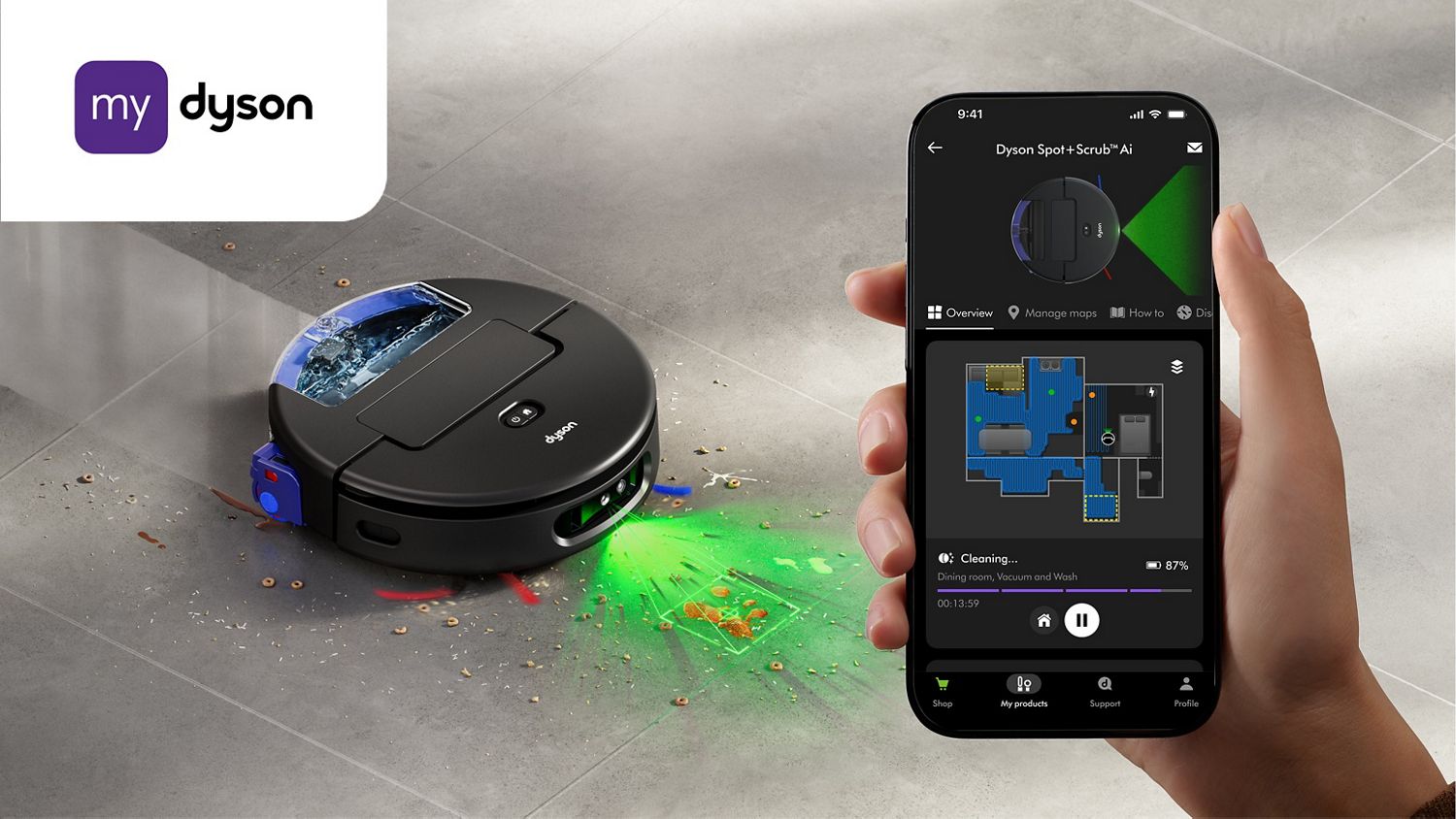 The Dyson Spot+Scrub AI DR30 robot vacuum paired to and seen on the MyDyson app.