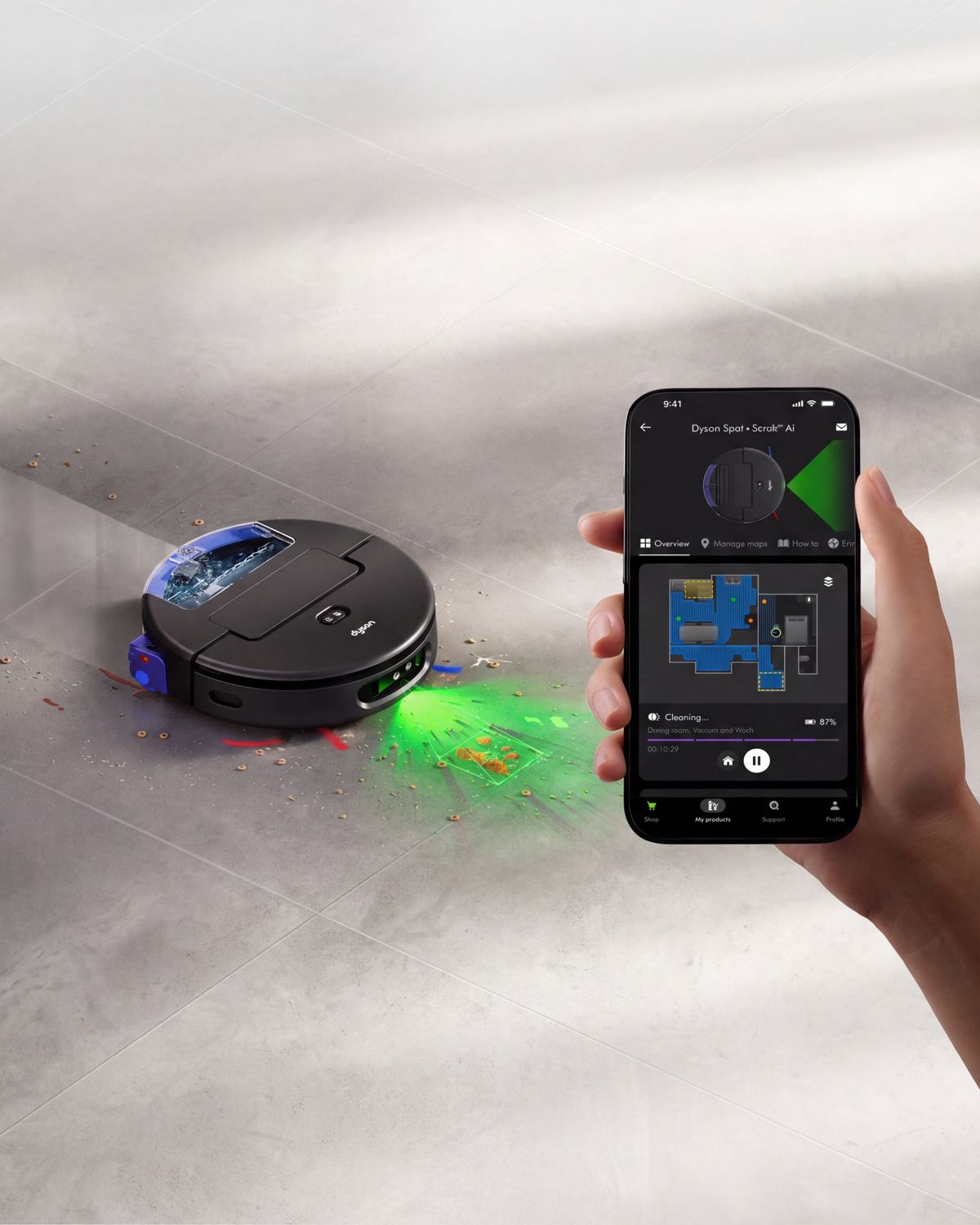 The Dyson Spot+Scrub AI DR30 robot vacuum paired to and seen on the MyDyson app.