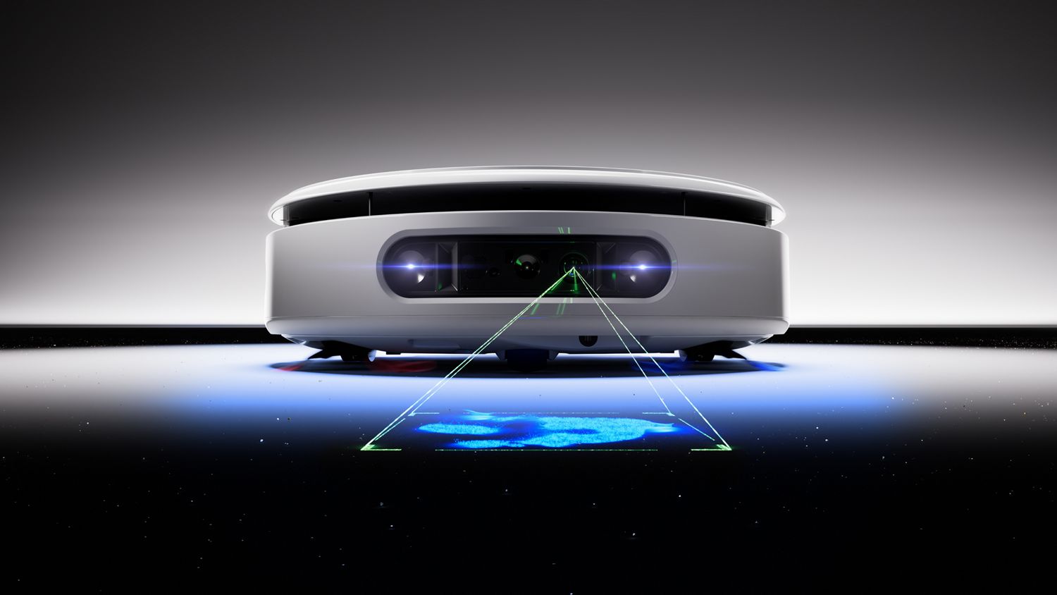 Dyson R3 Nurovi Spot+Scrub UV robot vacuum reveals a hidden stain using UV light.