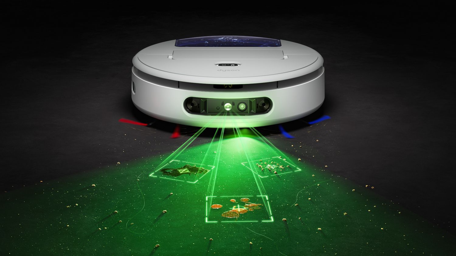 Dyson R3 Nurovi Spot+Scrub UV robot vacuum identifies a stain on a hard floor.