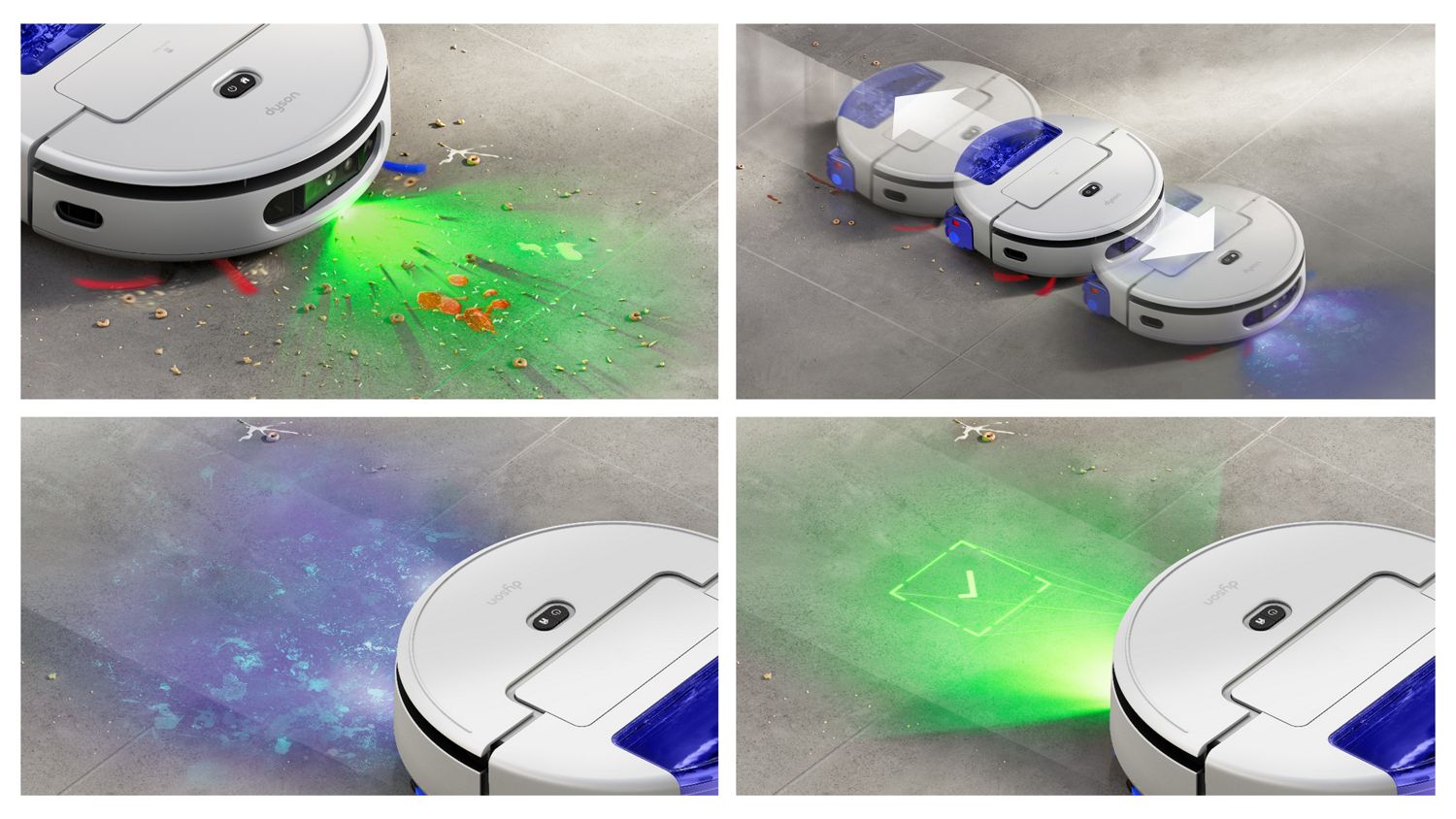 Dyson R3 Nurovi Spot+Scrub UV robot vacuum identifies a stain, then cleans it and checks to ensure it is gone.