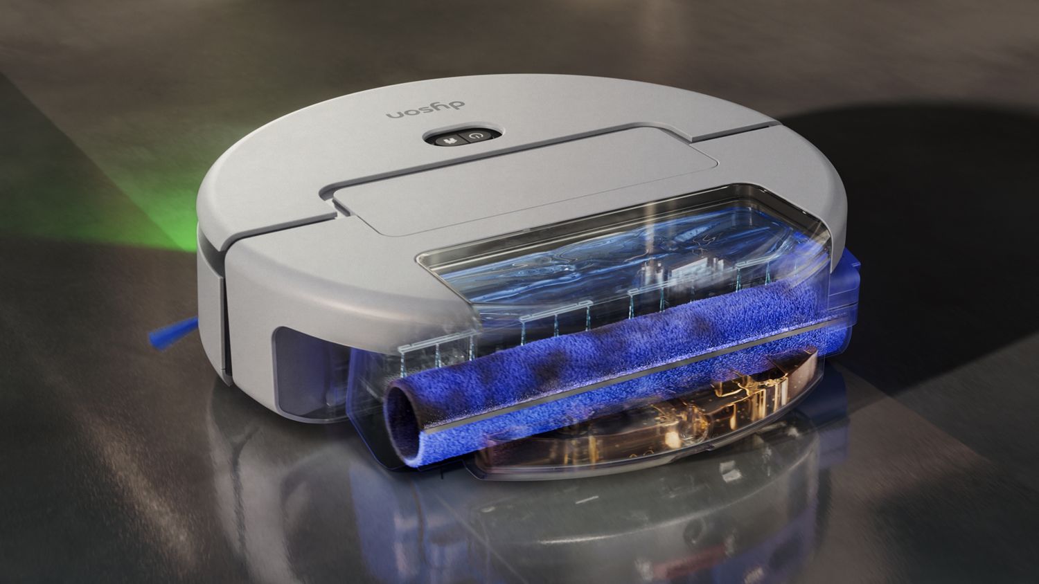 Cutaway showing the roller inside the Dyson R3 Nurovi Spot+Scrub UV robot vacuum.