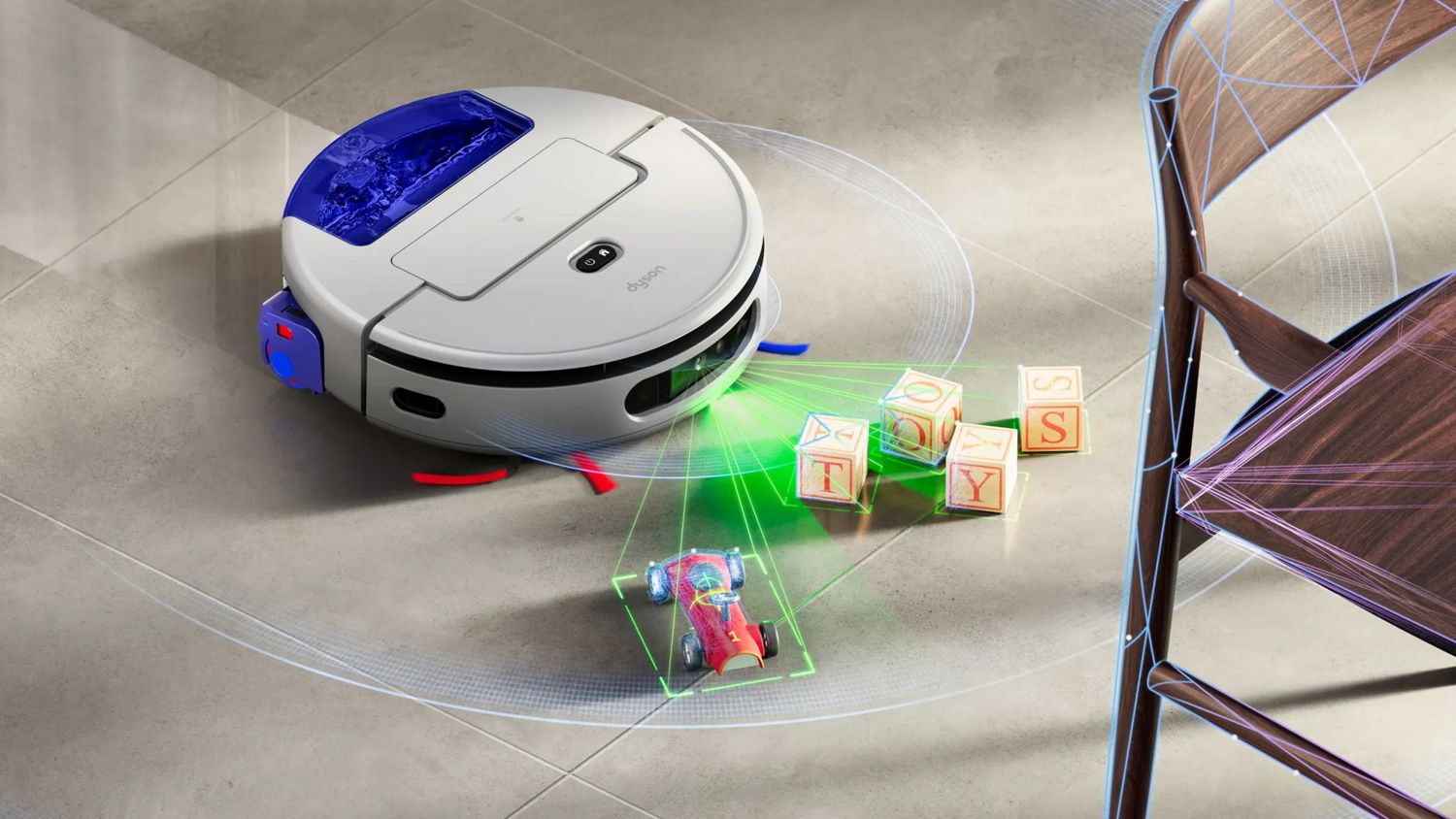 Dyson R3 Nurovi Spot+Scrub UV robot vacuum detects obstacles in a home.