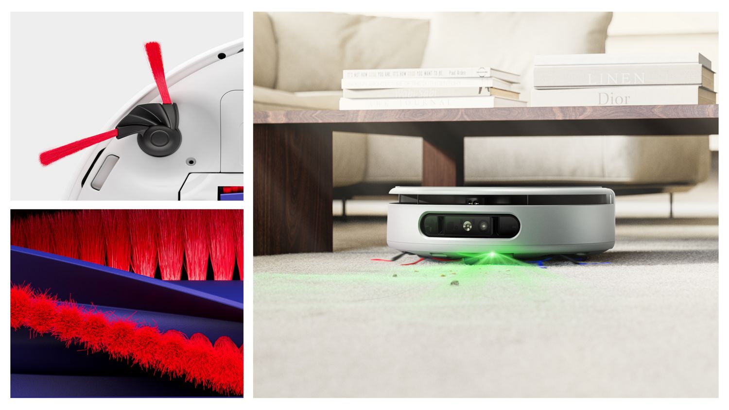 Close-up of the brush bar and side sweepers of the Dyson R3 Nurovi Spot+Scrub UV robot vacuum.