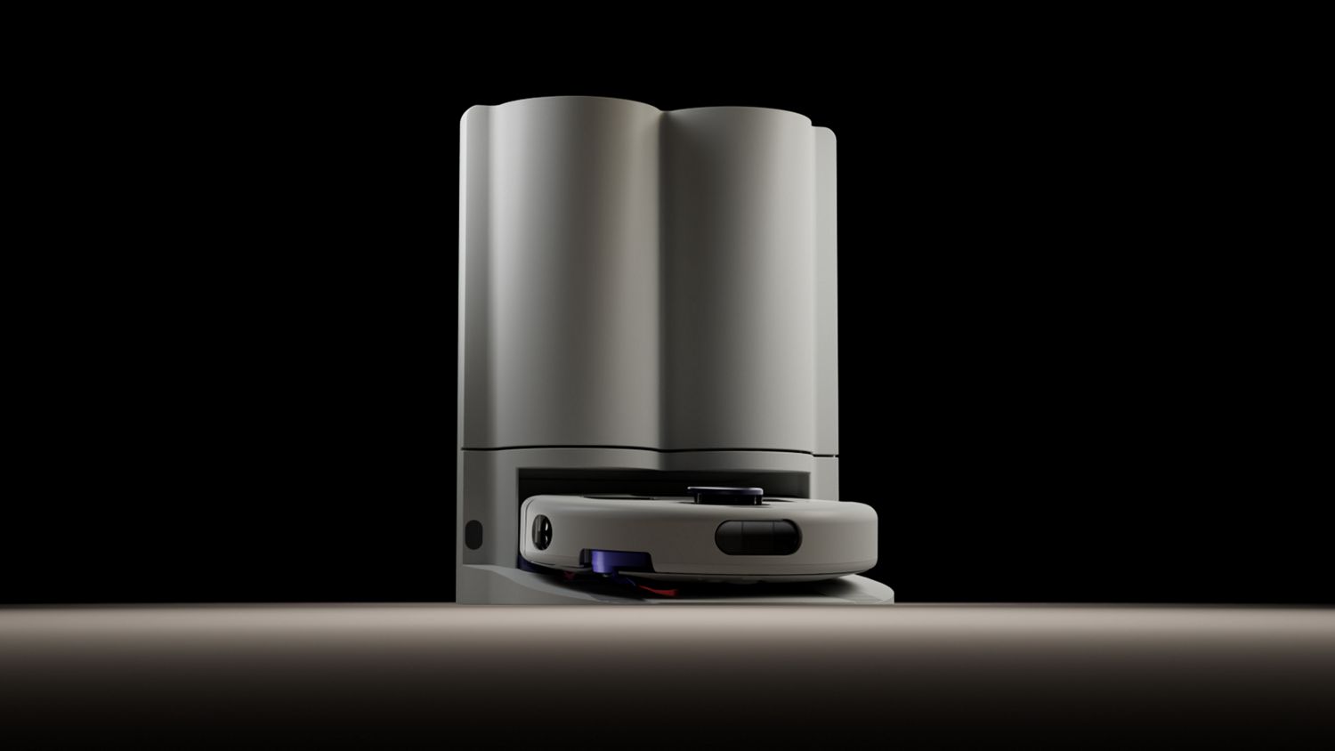 Dyson R2 Nurovi Wash+Dry robot vacuum cleaner emerges from its dock.