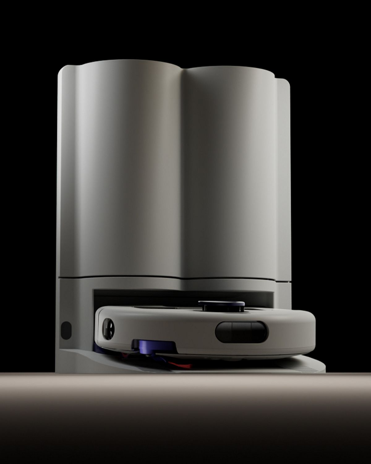Dyson R2 Nurovi Wash+Dry robot vacuum cleaner emerges from its dock.