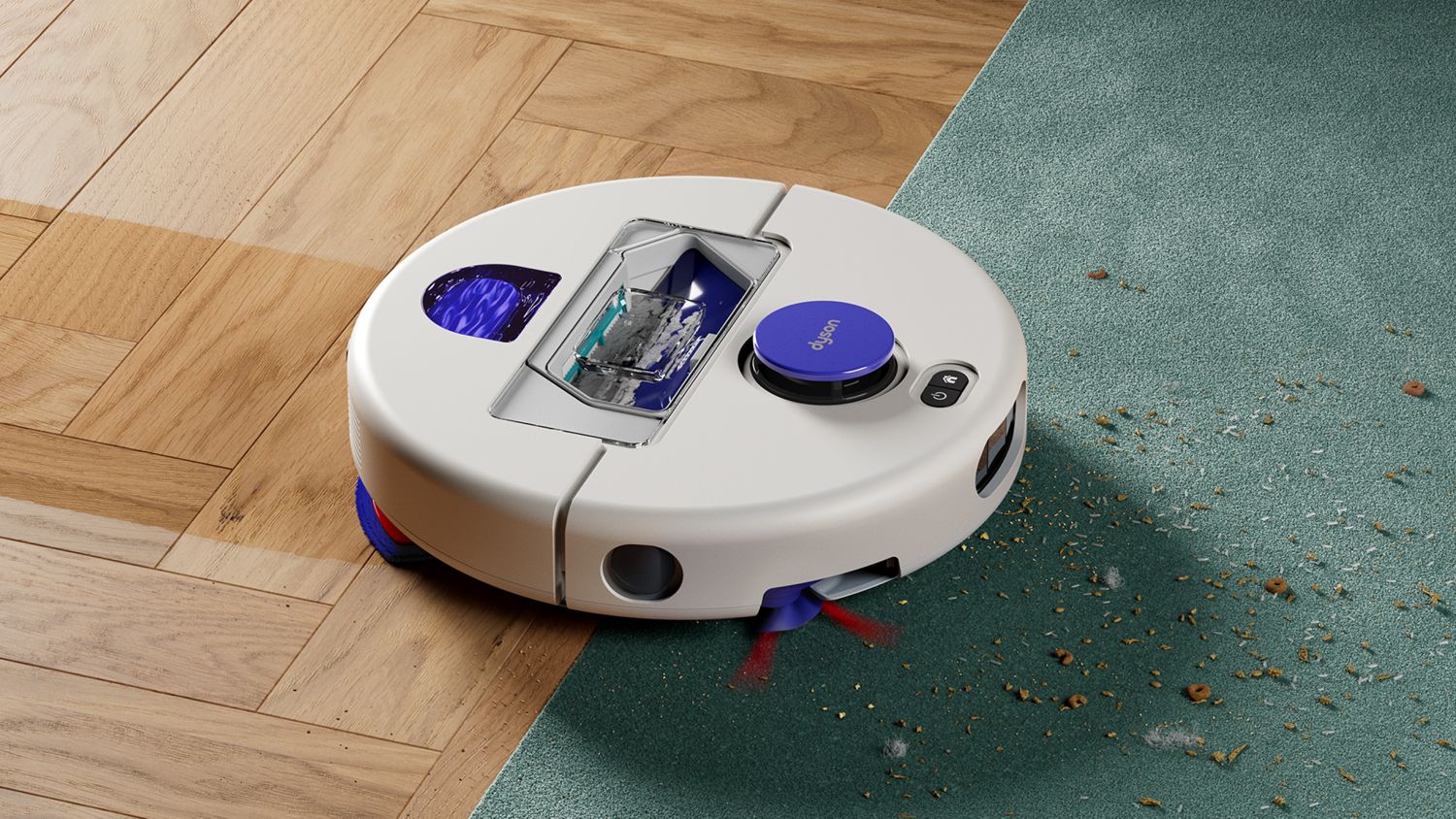 Dyson R2 Nurovi Wash+Dry robot vacuum cleaner cleaning between hard floors and carpet.
