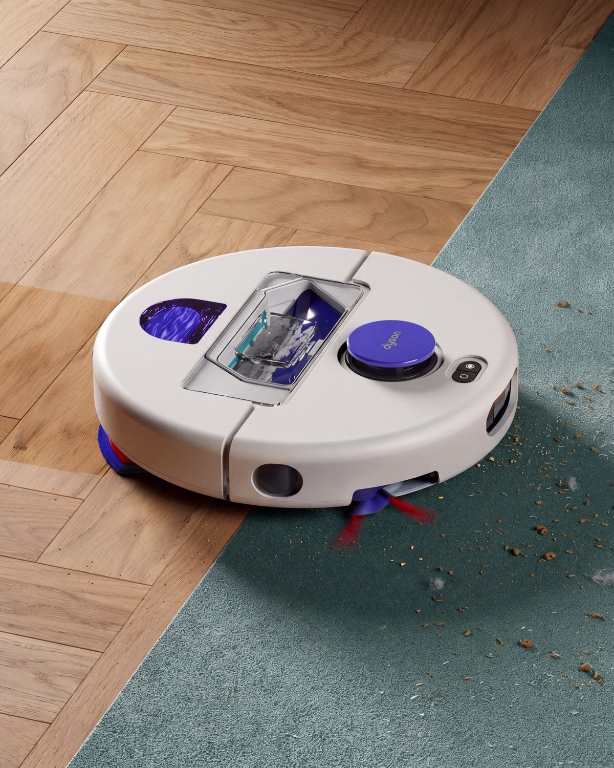 Dyson R2 Nurovi Wash+Dry robot vacuum cleaner cleaning between hard floors and carpet.