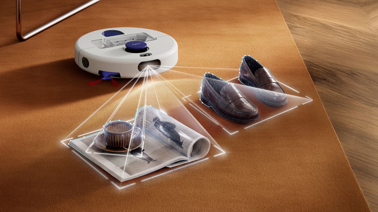 Dyson R2 Nurovi robot vacuum cleaner detects and avoids obstacles in a home.