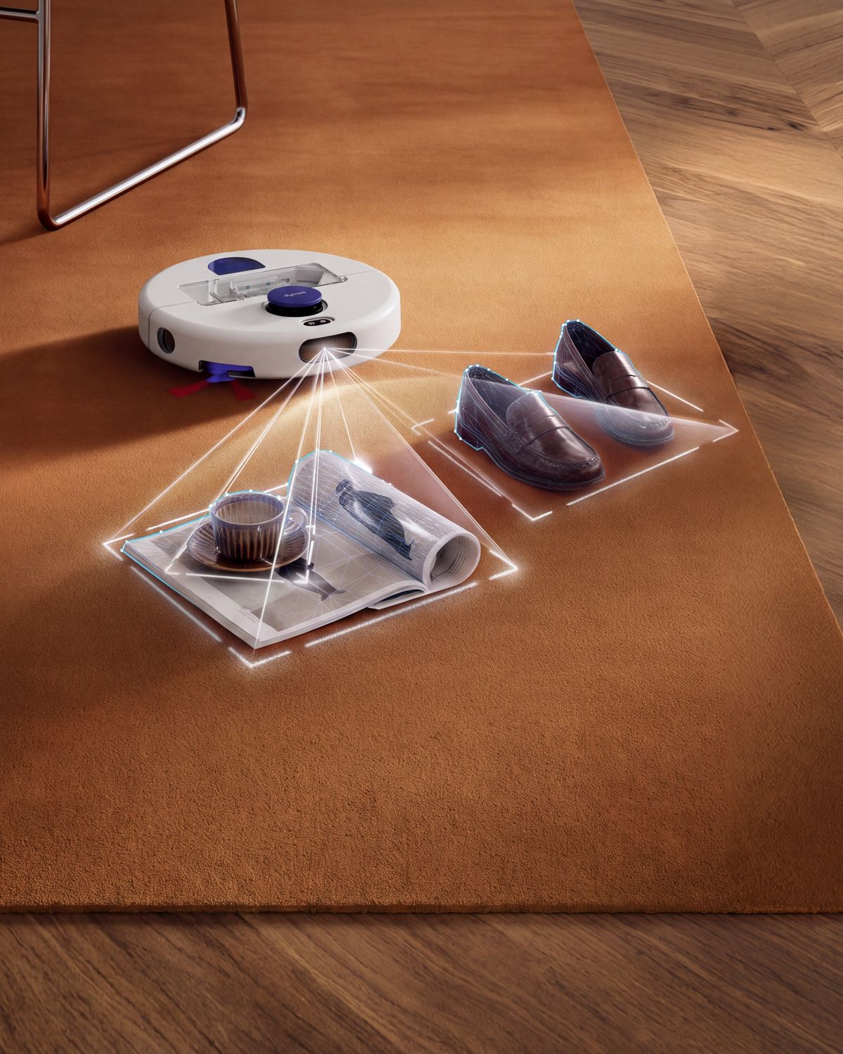 Dyson R2 Nurovi robot vacuum cleaner detects and avoids obstacles in a home.